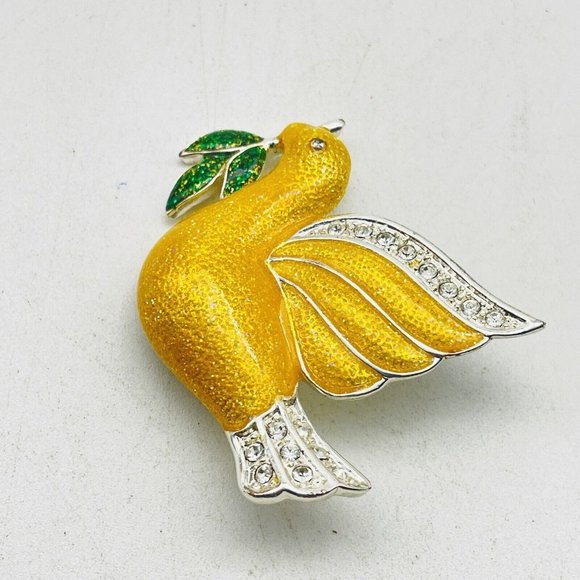 Roman Golden Dove Pin Silver Tone Rhinestone Accents Olive Branch Ark Faith - Picture 2 of 7